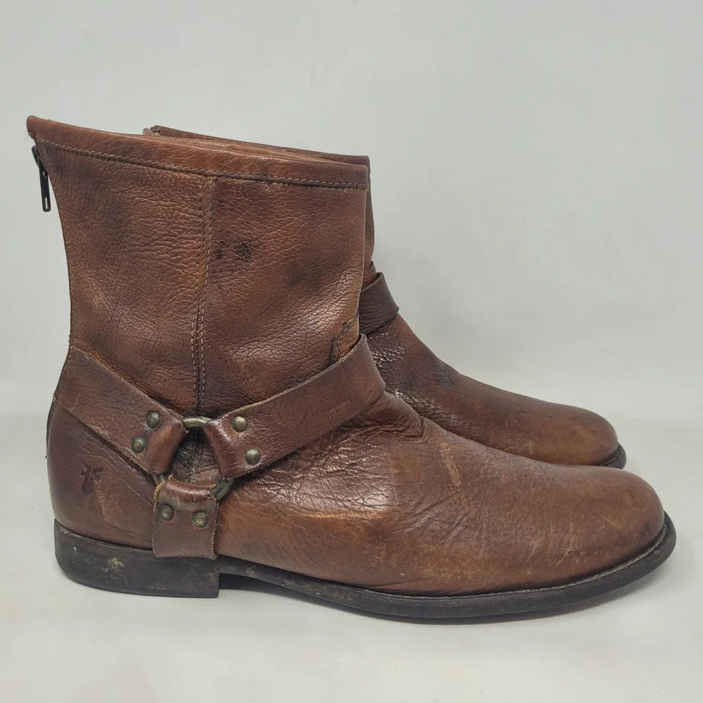 Frye Boots 12D Brown Leather Phillip Harness Short Moto Engineer Distressed Zip
